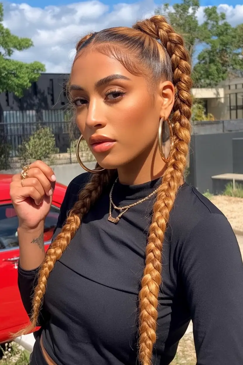 Beautiful Summer Braids for Black Women 2025 Golden Double Braided Pigtails with a Sleek Finish