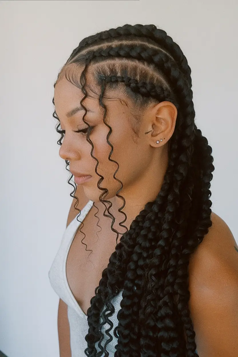 Beautiful Summer Braids for Black Women 2025 Side-Swept Braids with Curly Tendrils
