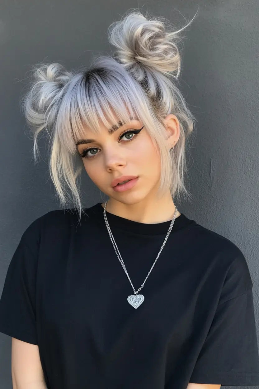 Easy Summer Hairstyles 2025 - Quick Looks You'll Love Pastel Double Buns with Bangs