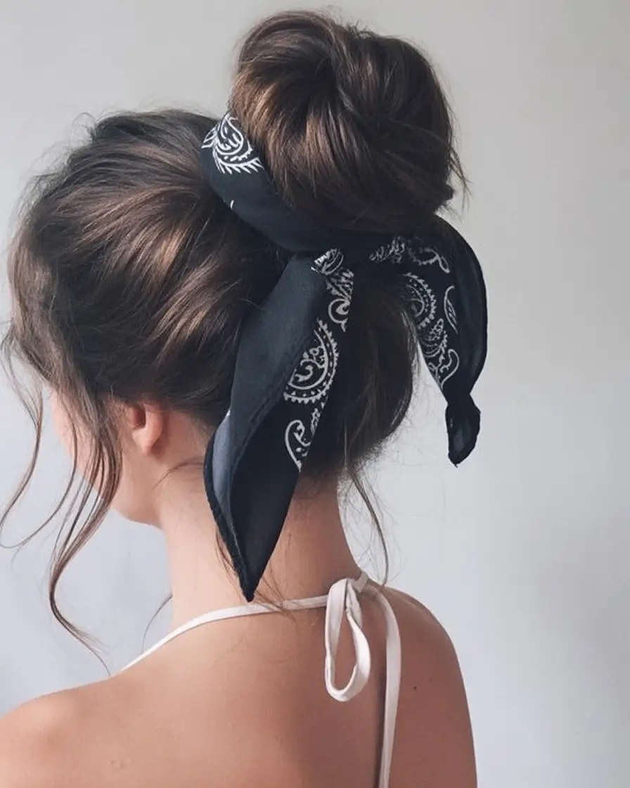 Easy Summer Hairstyles 2025 - Quick Looks You'll Love Textured Top Knot with Bandana Tie