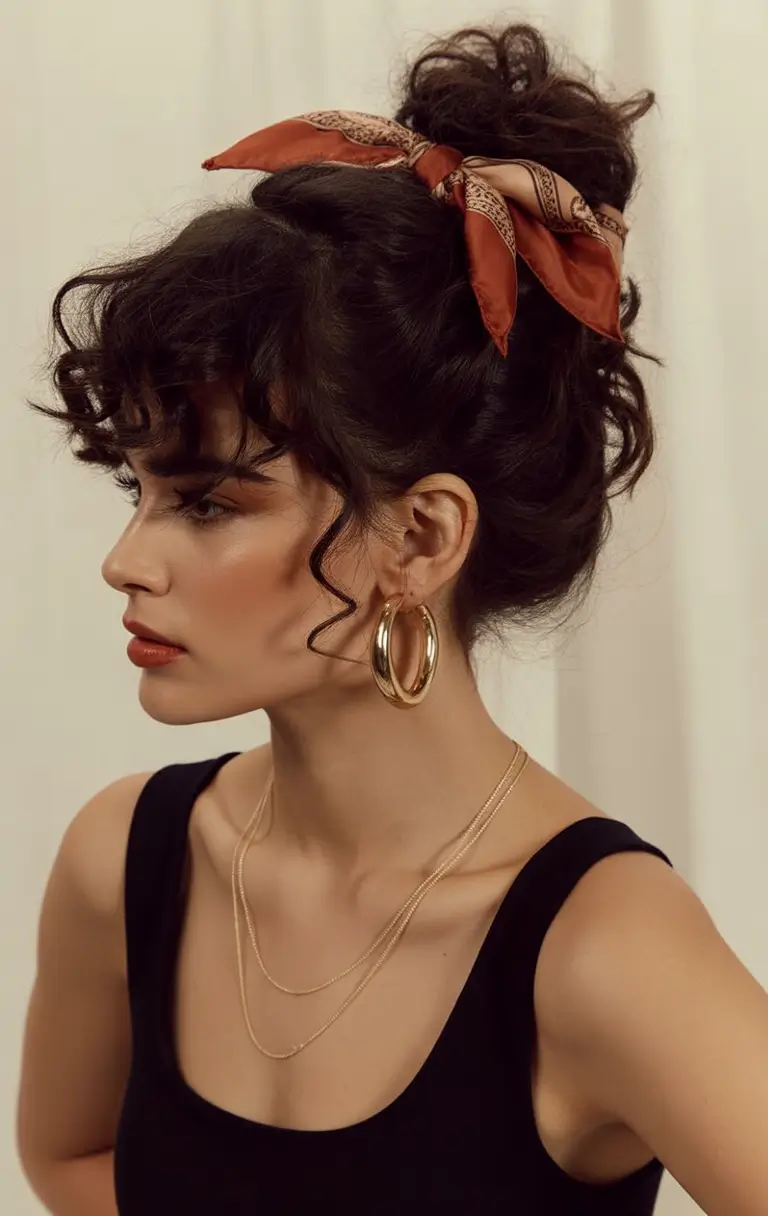 Easy Summer Hairstyles 2025 - Quick Looks You'll Love Textured Curly Updo with Scarf Accent