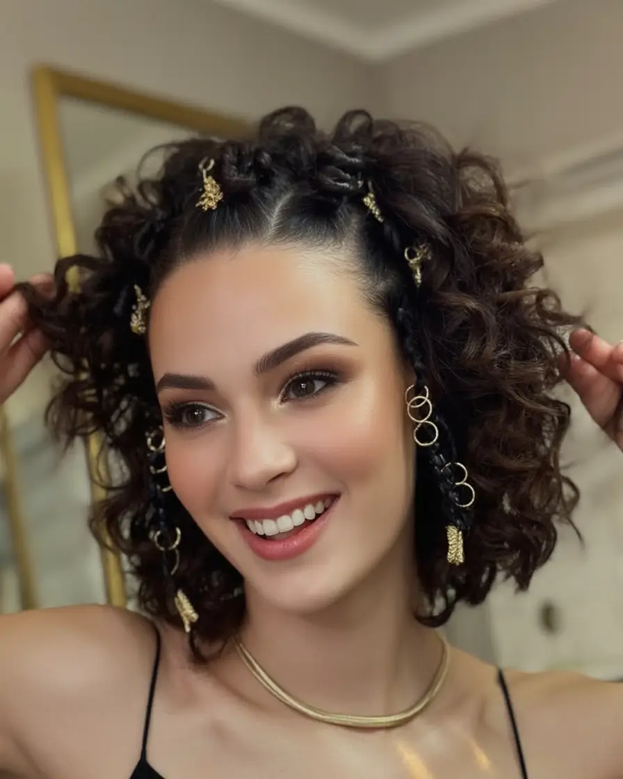 Easy Summer Hairstyles 2025 - Quick Looks You'll Love Gold-Threaded Curly Bob with Braid Accents
