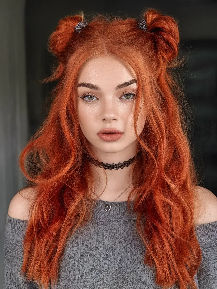 Effortless Summer Hairstyles 2025 Playful Space Buns With Fiery Color