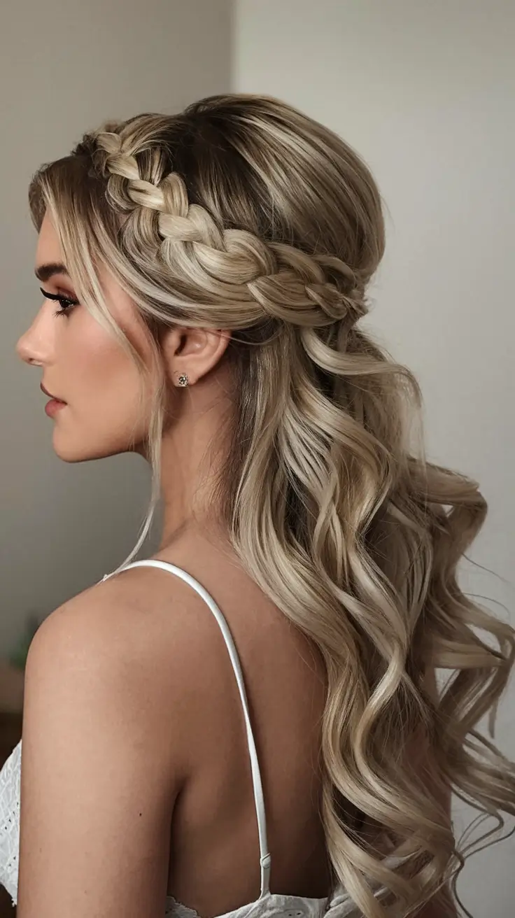 Elegant Wedding Hair Trends - Summer 2025 Braided Crown With Cascading Curls