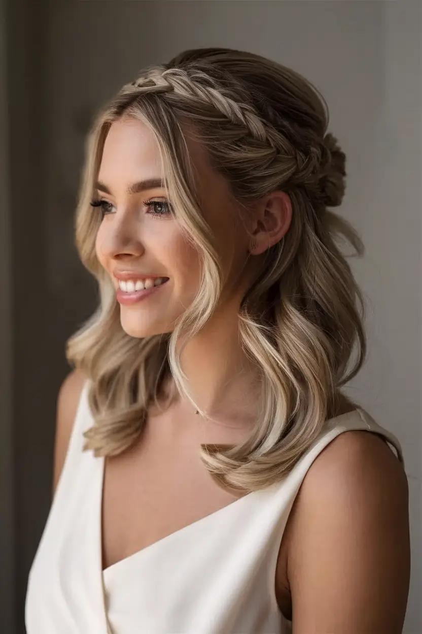 Elegant Wedding Hair Trends - Summer 2025 Soft Waves With Braided Halo