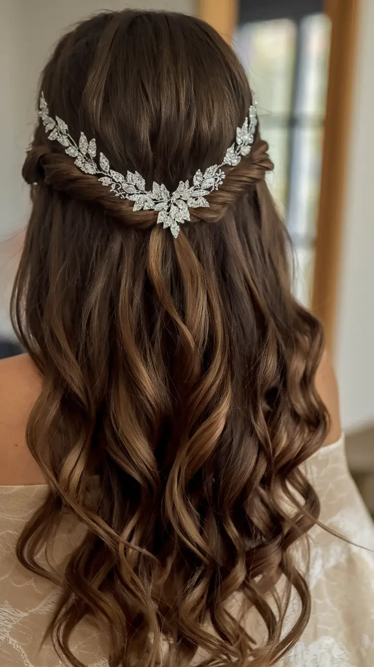 Elegant Wedding Hair Trends - Summer 2025 Regal Half-Up With Crystal Laurel