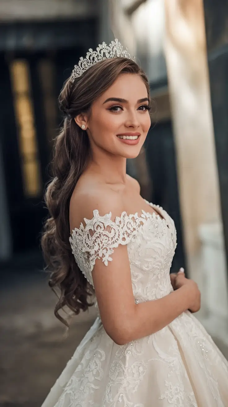 Elegant Wedding Hair Trends - Summer 2025 Crown Tiara With Long Glam Waves