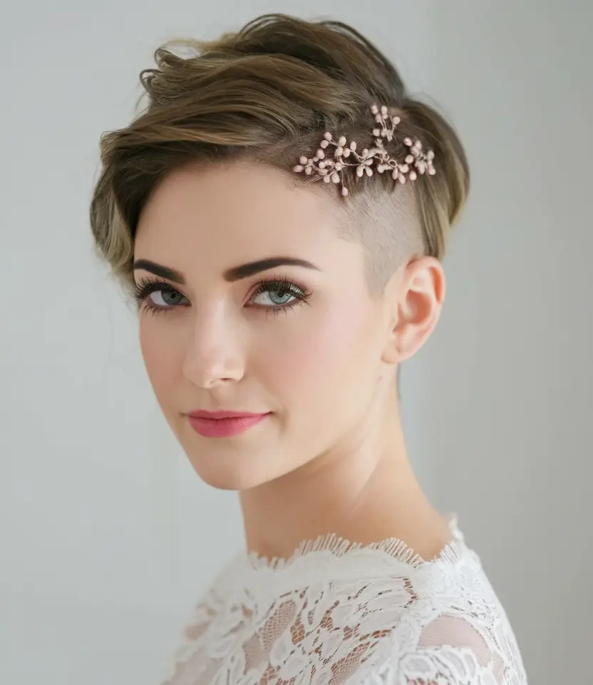 Elegant Wedding Hair Trends - Summer 2025 Pixie With Shaved Side And Floral Accent