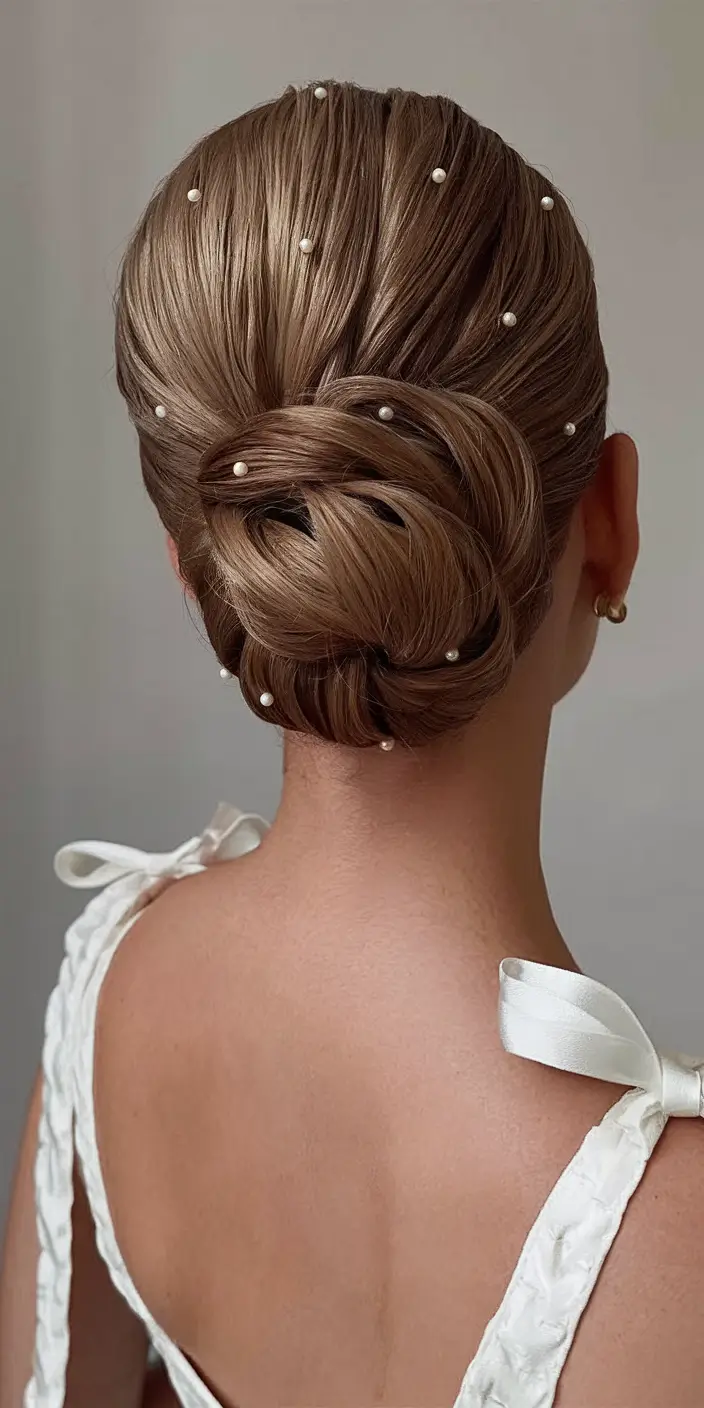 Elegant Wedding Hair Trends - Summer 2025 Intricate Low Bun With Pearl Accents