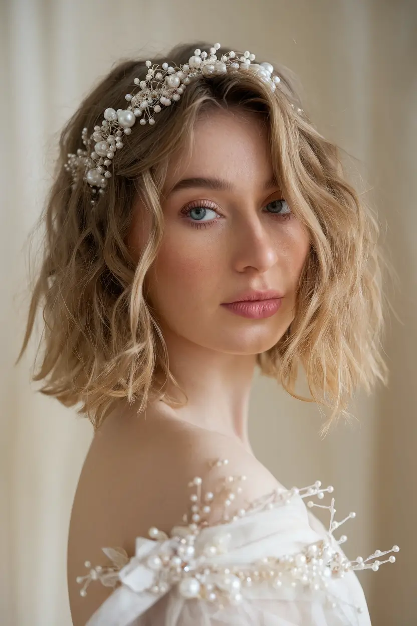 Elegant Wedding Hair Trends - Summer 2025 Soft Beachy Bob With Pearl Headband