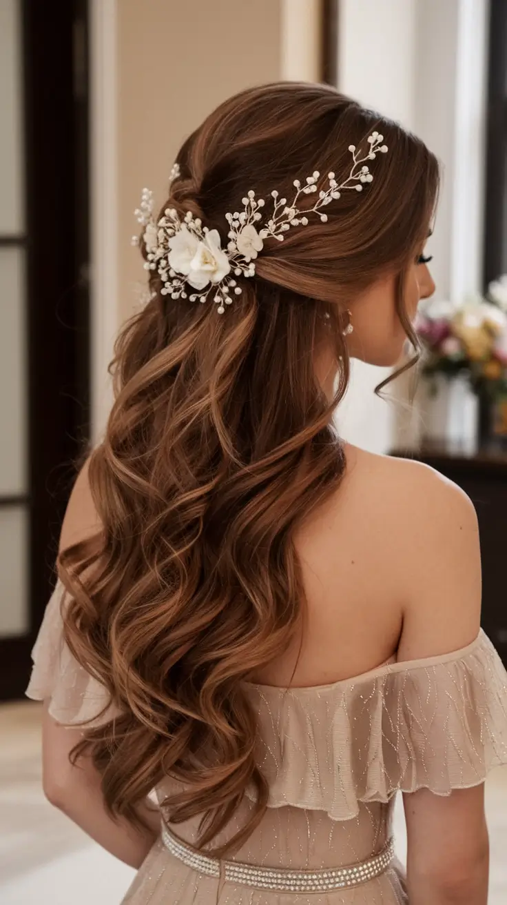 Elegant Wedding Hair Trends - Summer 2025 Half Up With Botanical Glam