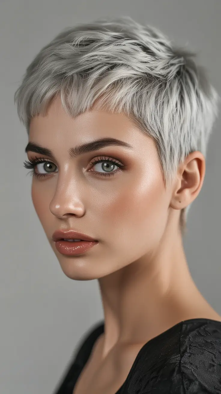 Fresh Inspiration Short Summer Haircut 2025 Textured Silver Pixie With Micro Fringe