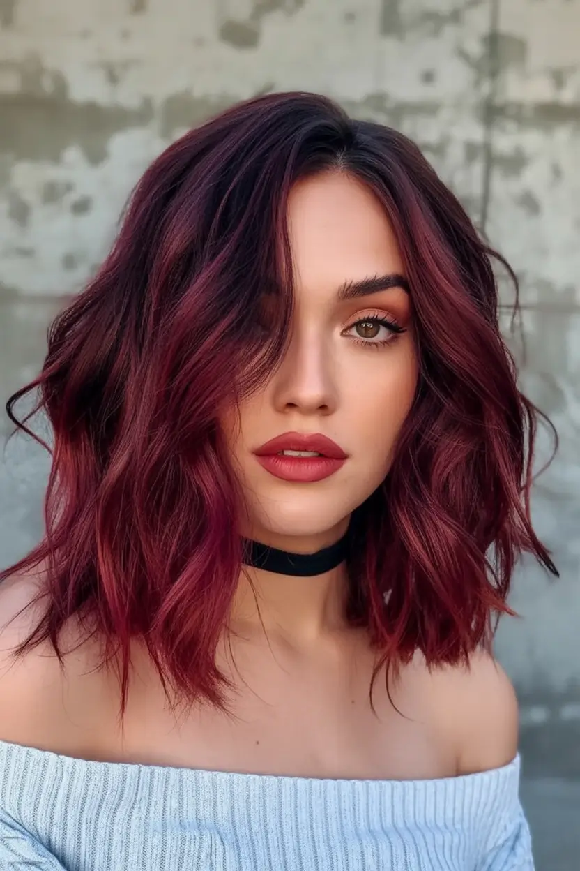 Fresh Shades Summer Ombre Hair Color Ideas 2025 Dark Cherry Waves with a Smoky Finish