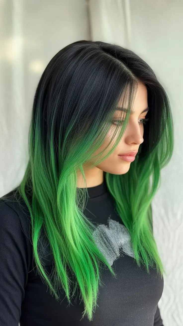 Fresh Shades Summer Ombre Hair Color Ideas 2025 Neon Green Layers with Sleek Shine
