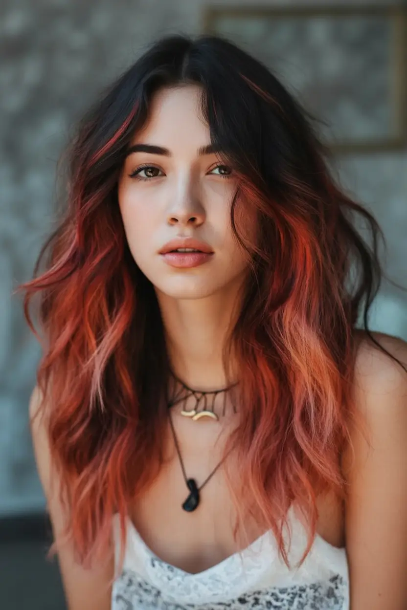 Fresh Shades Summer Ombre Hair Color Ideas 2025 Sunset Melt on Deep Brunette Layers