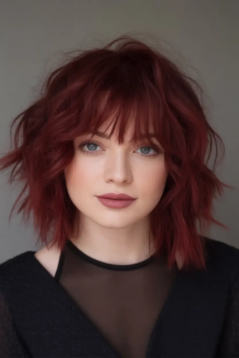 haircut for chubby face - summer ideas 2025 Edgy Crimson Bob With Piecey Fringe