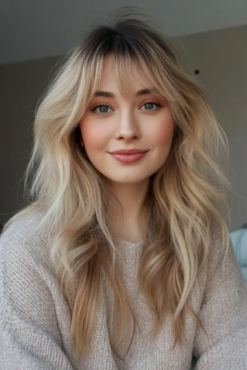 haircut for chubby face - summer ideas 2025 Long Layered Blonde With Bangs