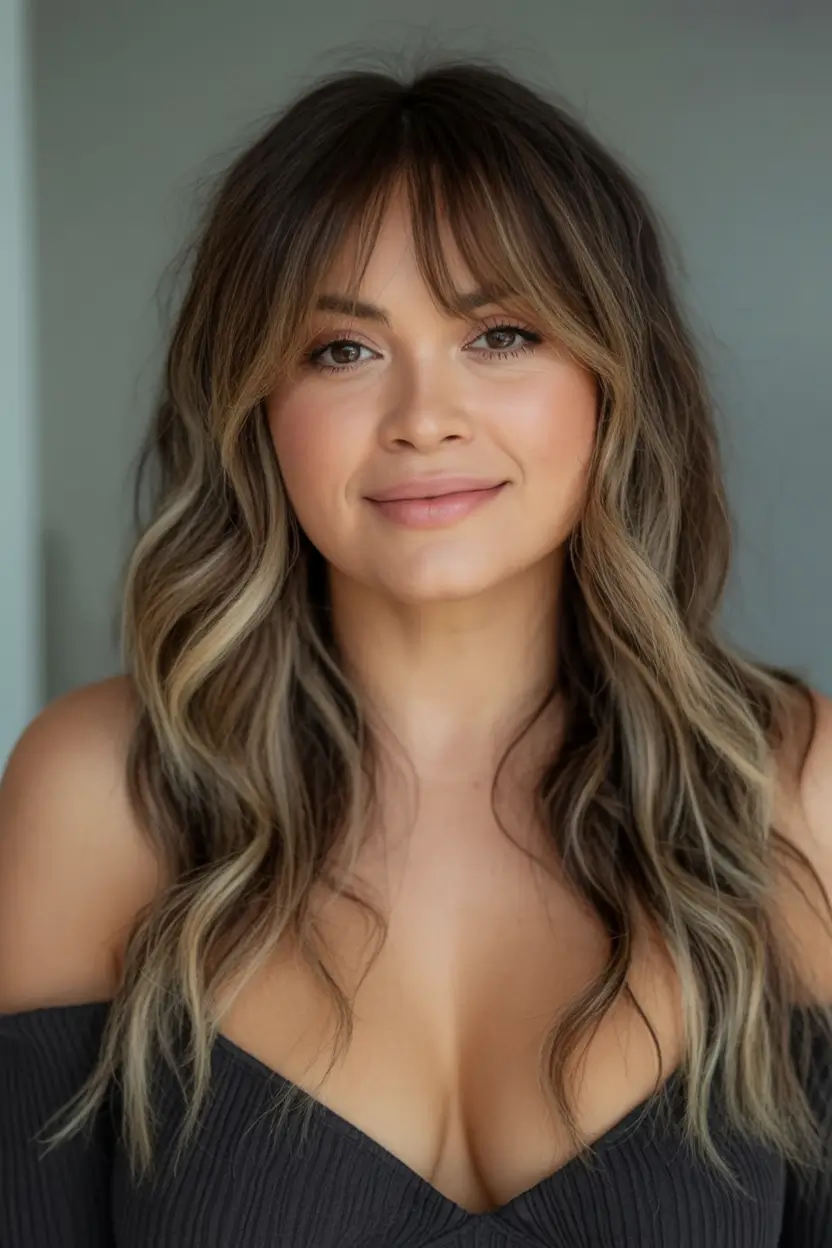 haircut for chubby face - summer ideas 2025 Wavy Brunette With Blended Bangs