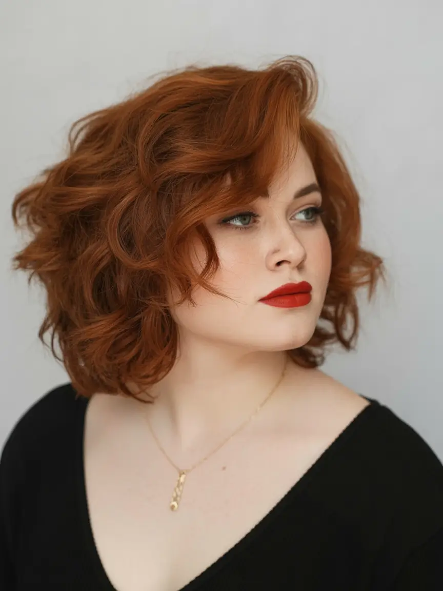 haircut for chubby face - summer ideas 2025 Side-Swept Auburn With Defined Curls