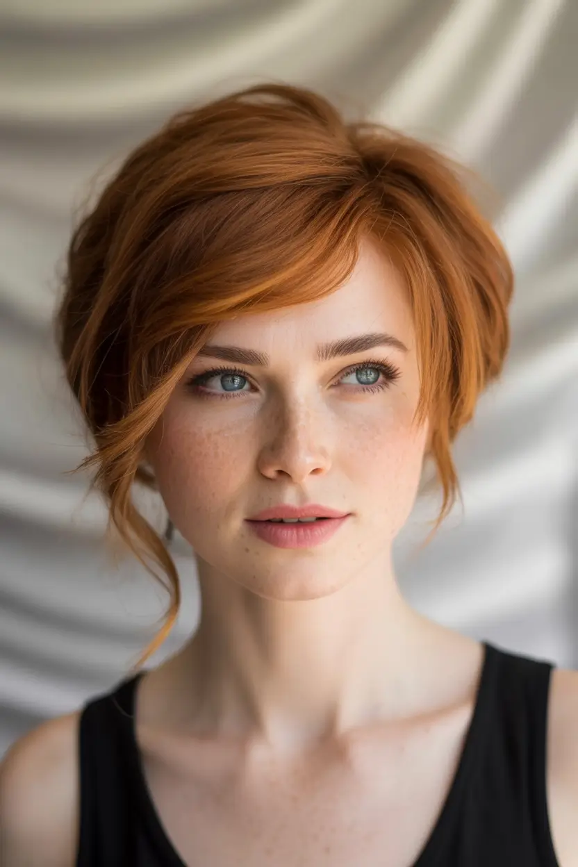 haircut for chubby face - summer ideas 2025 Sleek Side-Swept Auburn Pixie