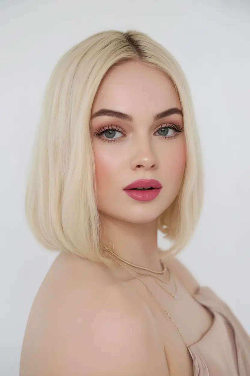 haircut for chubby face - summer ideas 2025 Blunt-Cut Blonde with Cool Elegance