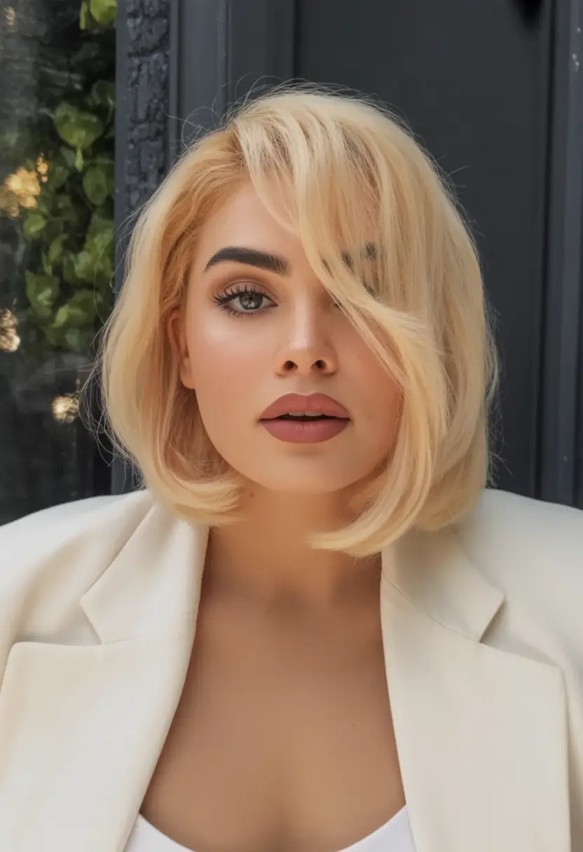 haircut for chubby face - summer ideas 2025 Blunt Blonde Bob With S-Curve Bangs