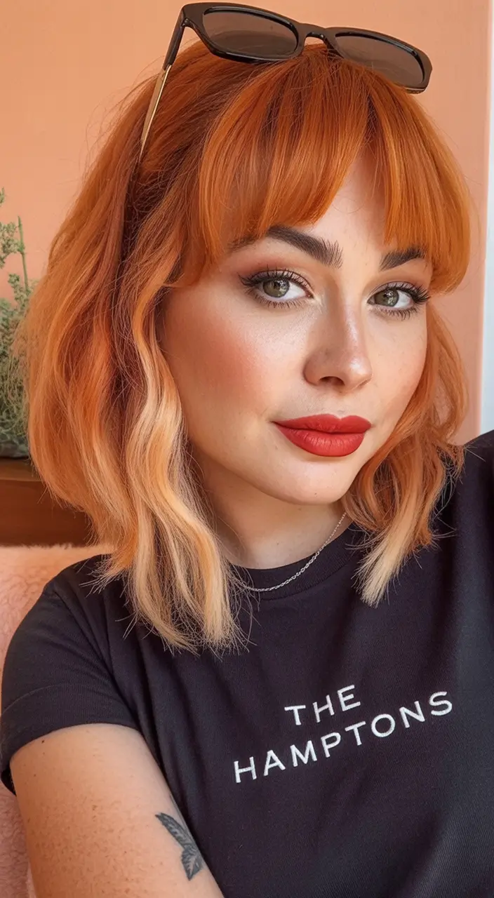 haircut for chubby face - summer ideas 2025 Peachy Waves With Fringe Energy
