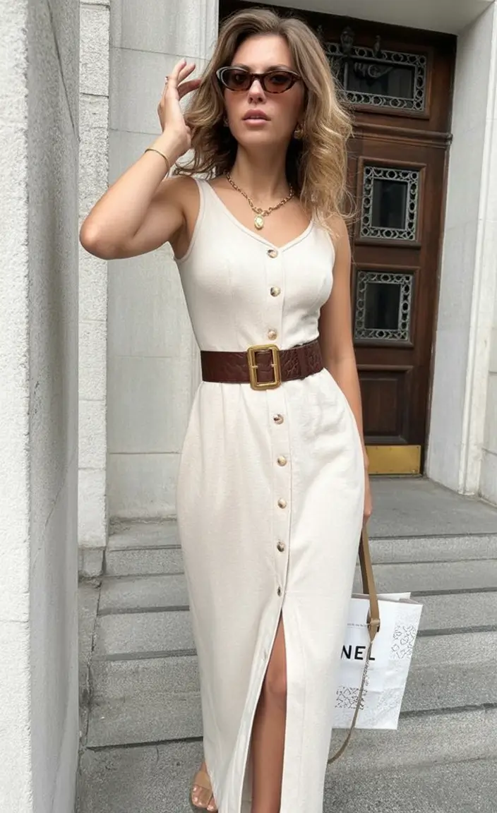 July Outfits Ideas 2025 Button-Down Elegance with a Bold Belt