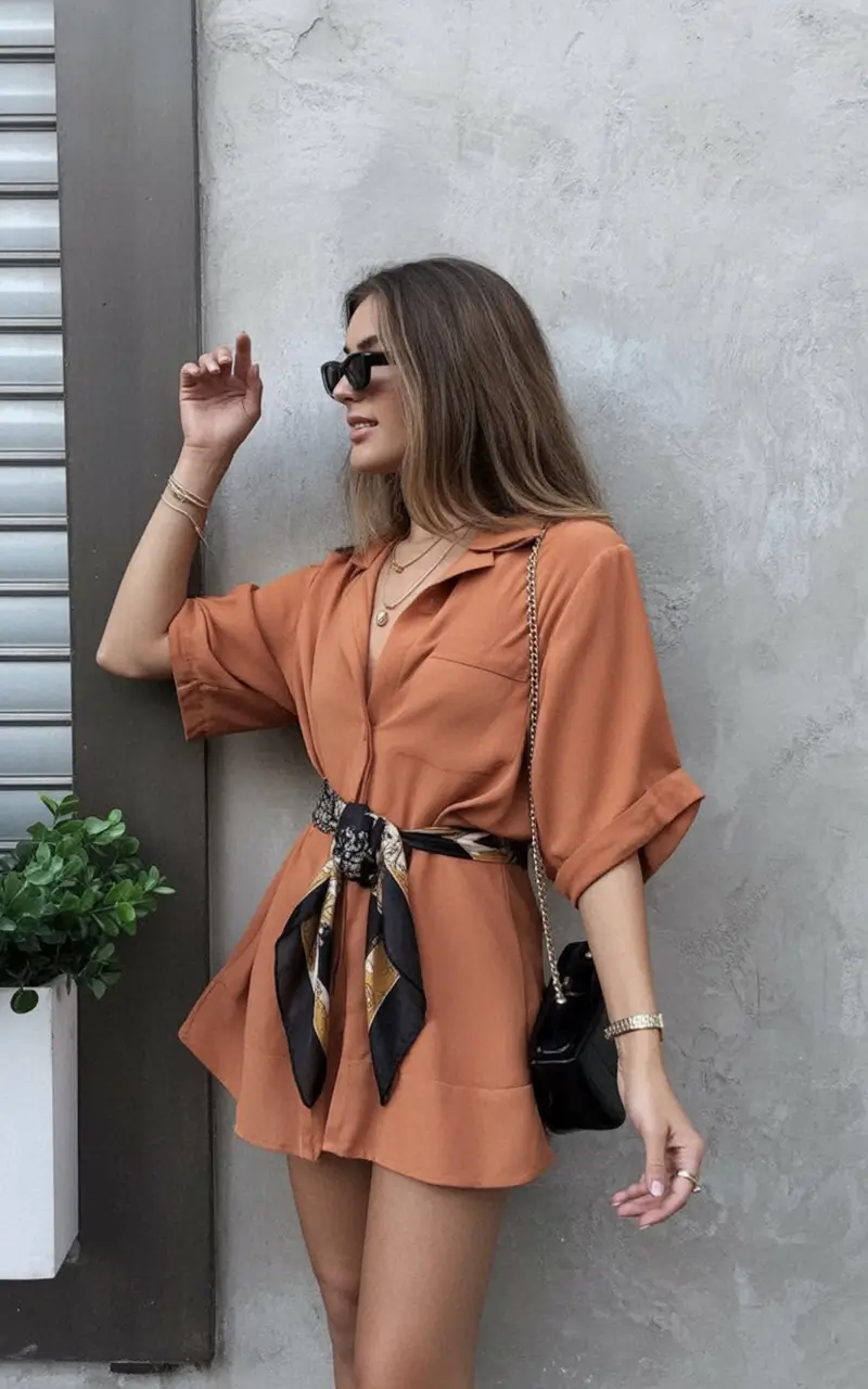 July Outfits Ideas 2025 Rust-Toned Shirt Dress with Scarf Belt Drama
