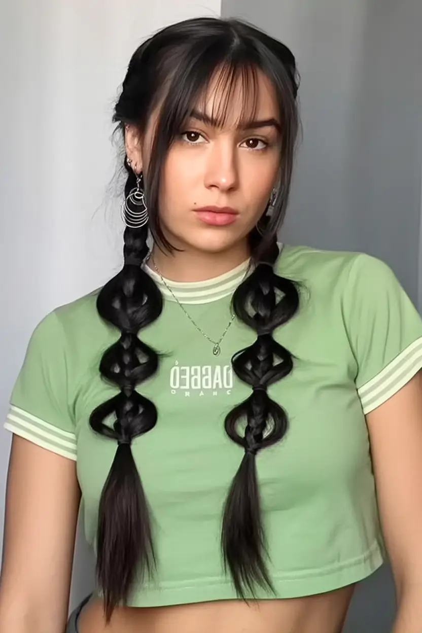 Must-Try Summer Hairstyles for Long Hair 2025 Playful Bubble Braids with Curtain Bangs