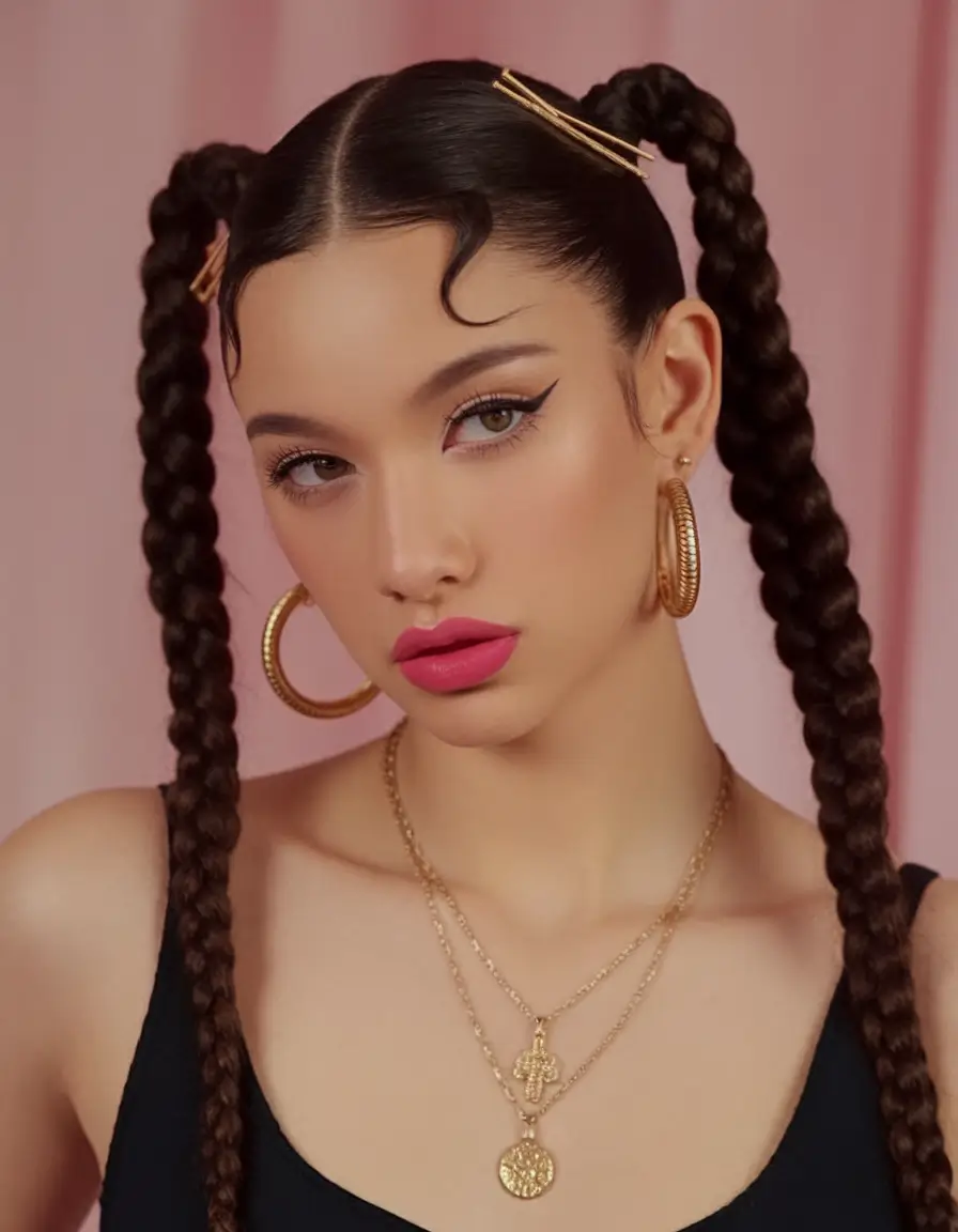 Must-Try Summer Hairstyles for Long Hair 2025 Statement Braided Pigtails with Gold Accents