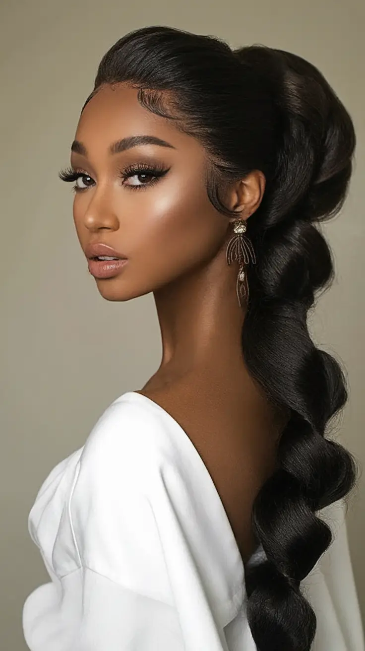 Must-Try Summer Hairstyles for Long Hair 2025 Glossy Bubble Ponytail with Sculpted Edges
