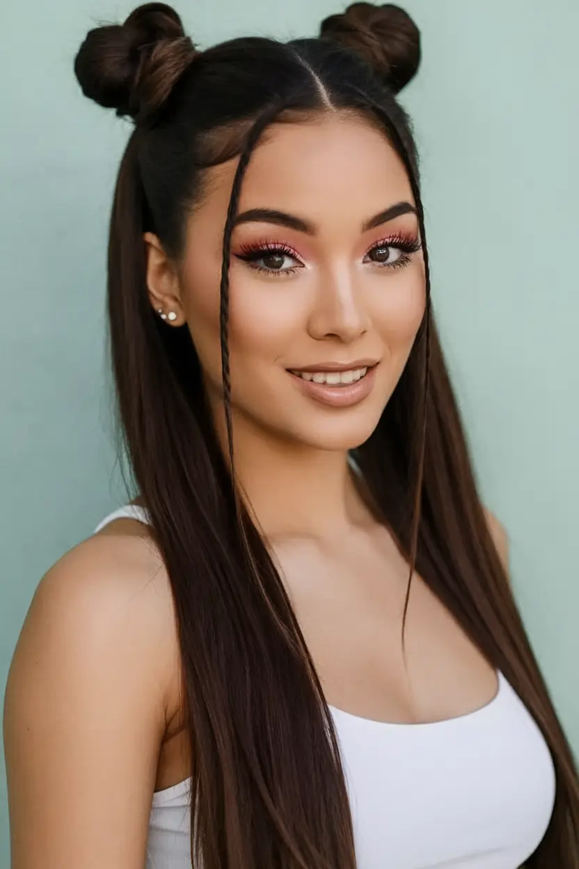 Must-Try Summer Hairstyles for Long Hair 2025 Space Buns with Long Center Part