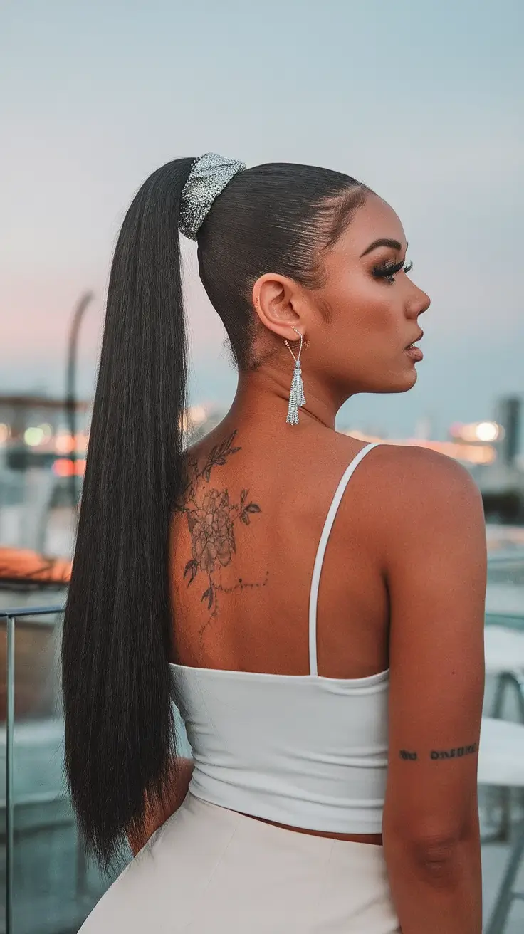 Must-Try Summer Hairstyles for Long Hair 2025 Super Sleek High Pony with Metallic Scrunchie