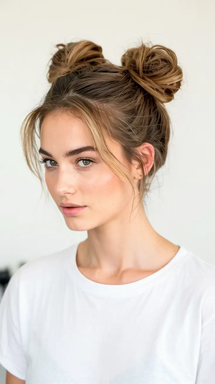 Practical Summer Swimming Hairstyles 2025 Playful Twin Buns with Face-Framing Bangs