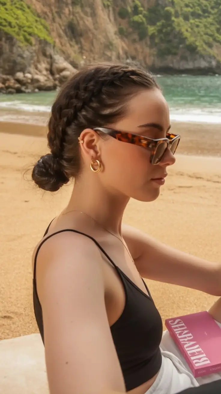Practical Summer Swimming Hairstyles 2025 Beachy Braids with a Low Knot