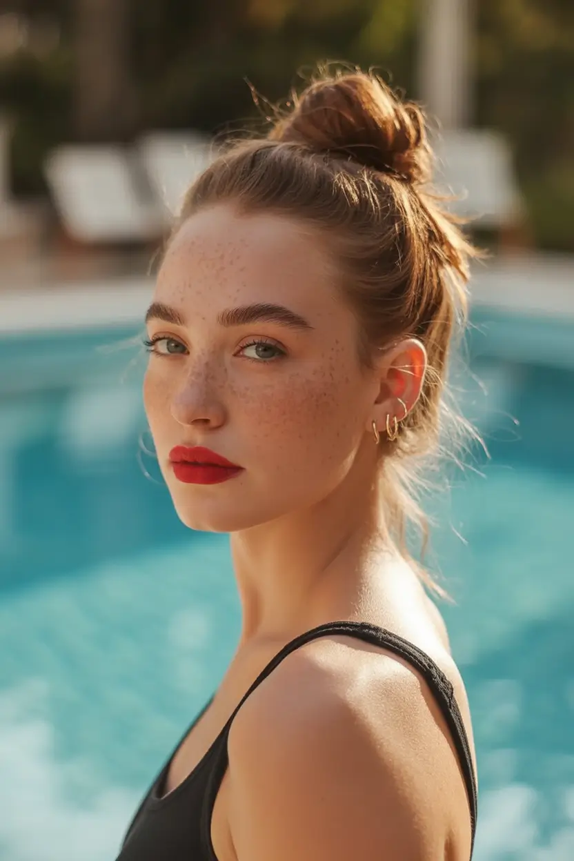 Practical Summer Swimming Hairstyles 2025 Effortless High Poolside Bun
