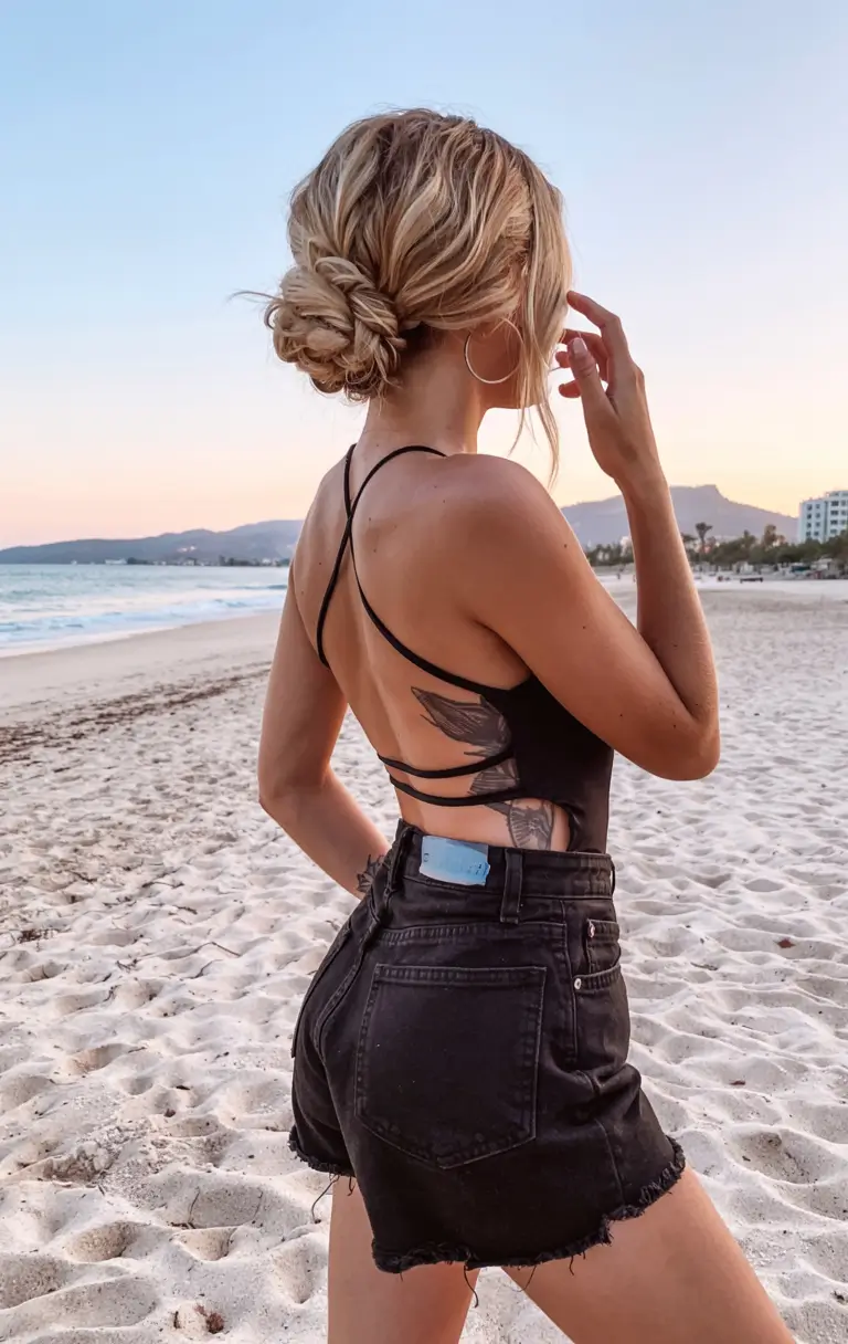 Practical Summer Swimming Hairstyles 2025 Windswept Braid into Beach Bun