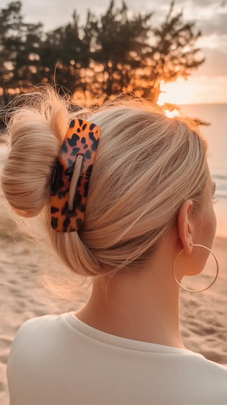 Practical Summer Swimming Hairstyles 2025 Beach Bun with Statement Clip