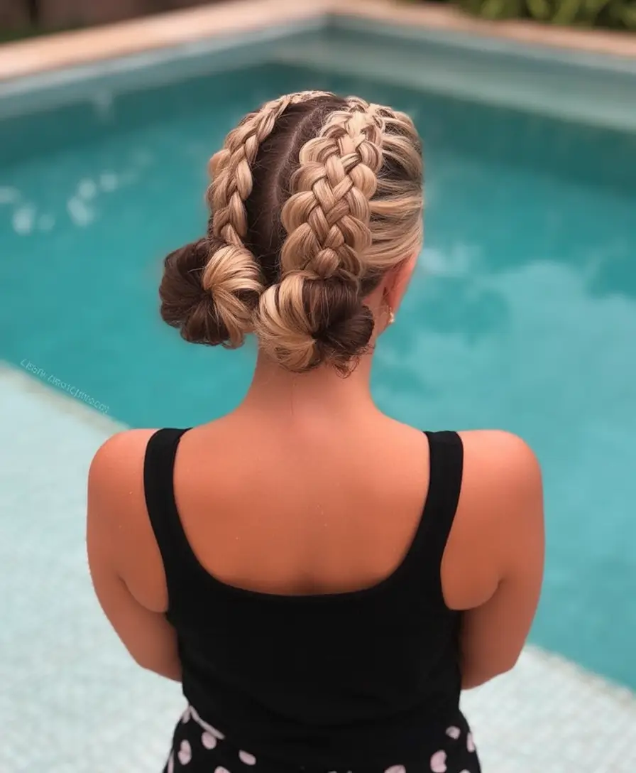 Practical Summer Swimming Hairstyles 2025 Contrast Braids with Twisted Buns