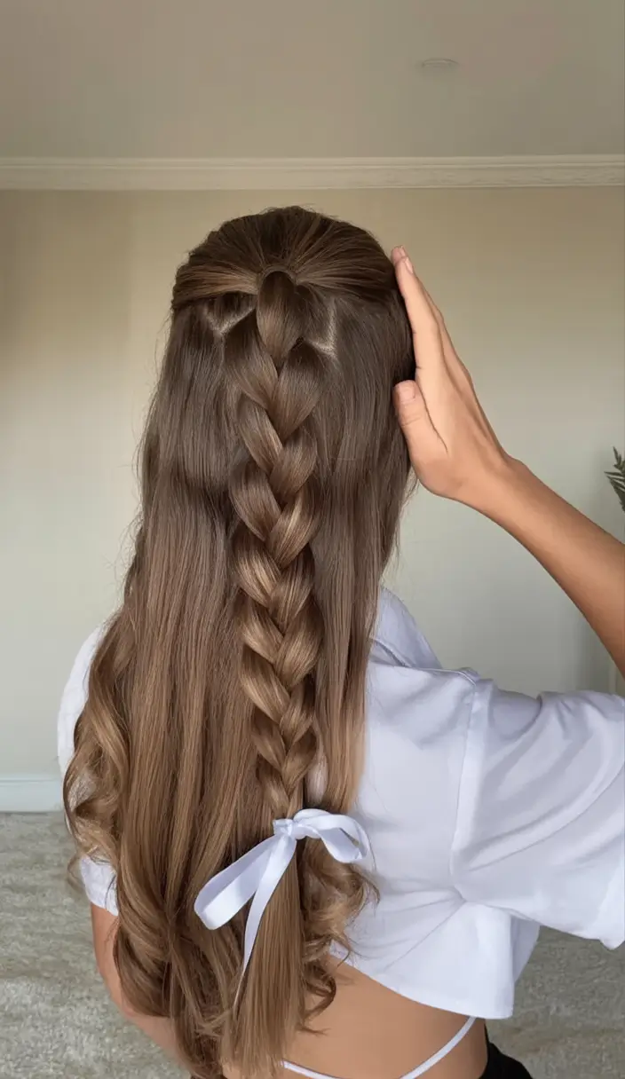 Quick Styles Summer Simple Hairstyle 2025 Ribbon Braided Half-Up with Soft Waves