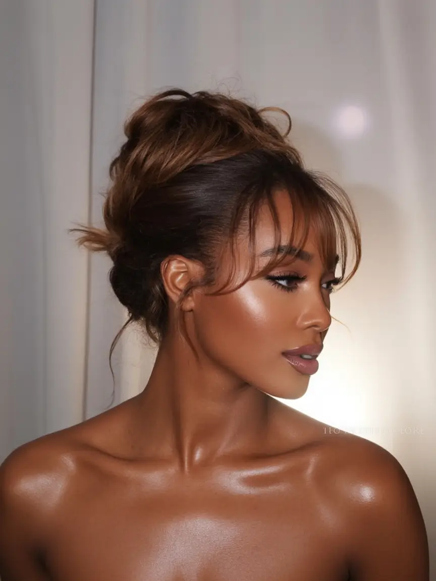 Quick Styles Summer Simple Hairstyle 2025 Glossy Textured Updo with Airy Curtain Bangs