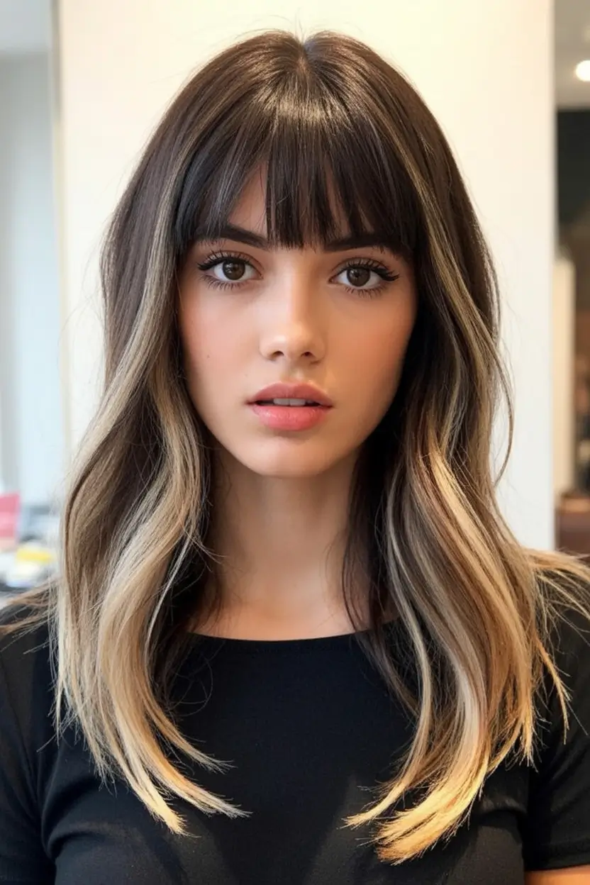 Summer 2025 Long Haircuts: Elegant & Flowing Ideas Precision Bangs with Honey Ends