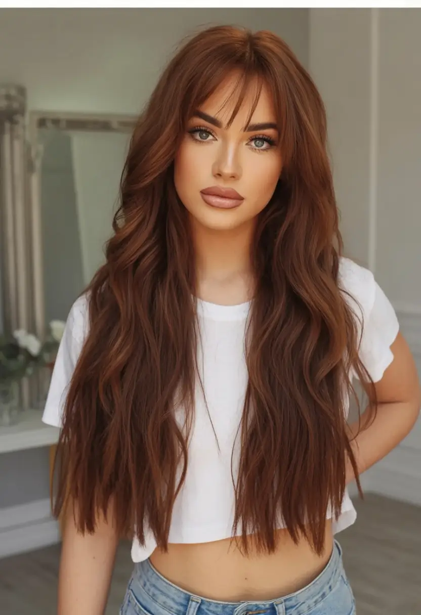 Summer 2025 Long Haircuts: Elegant & Flowing Ideas Long Cinnamon Waves with Airy Curtain Bangs