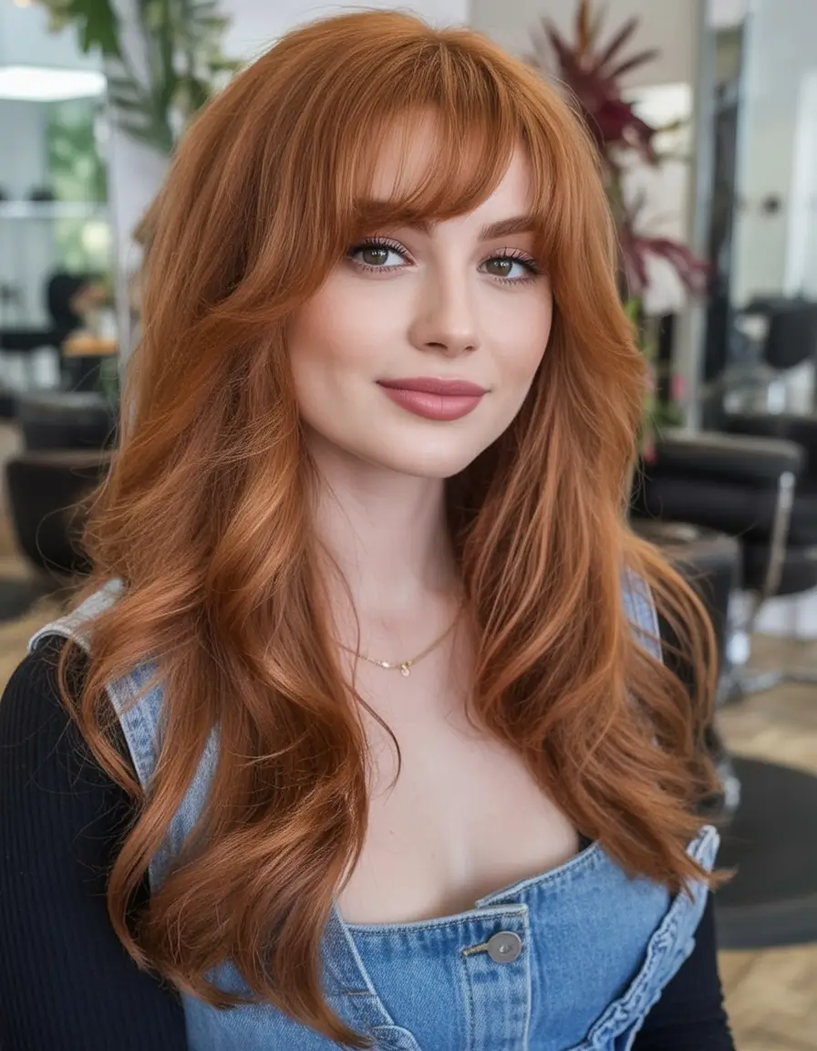 Summer 2025 Long Haircuts: Elegant & Flowing Ideas Warm Copper with Flowy Rounded Fringe