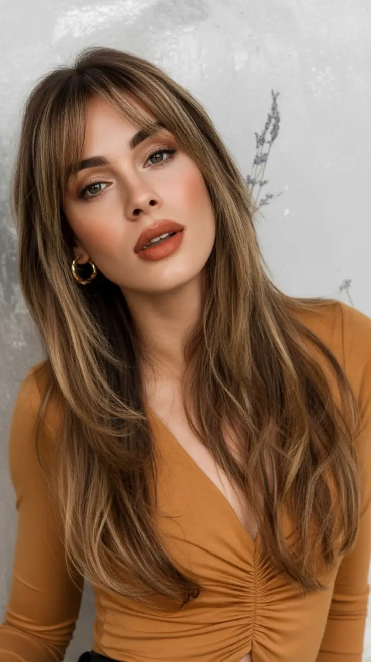 Summer 2025 Long Haircuts: Elegant & Flowing Ideas Golden Brown Tousled Length with Wispy Bangs