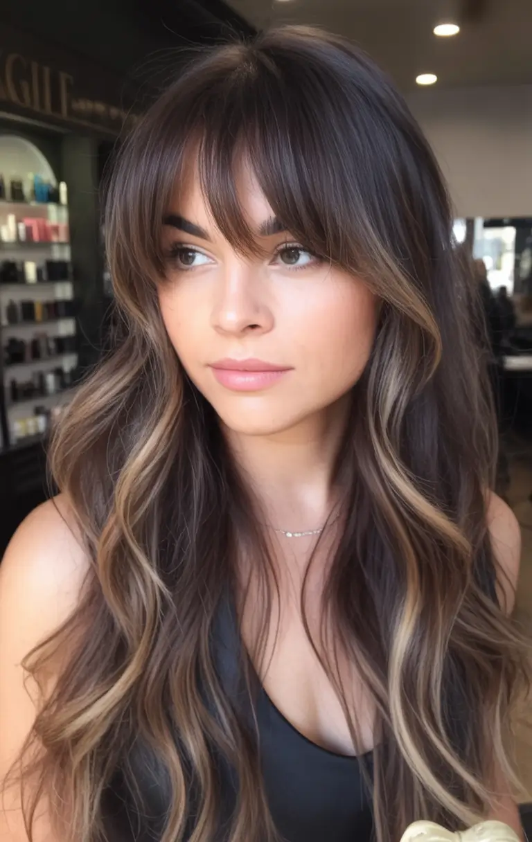 Summer 2025 Long Haircuts: Elegant & Flowing Ideas Boho Brunette with Bangs