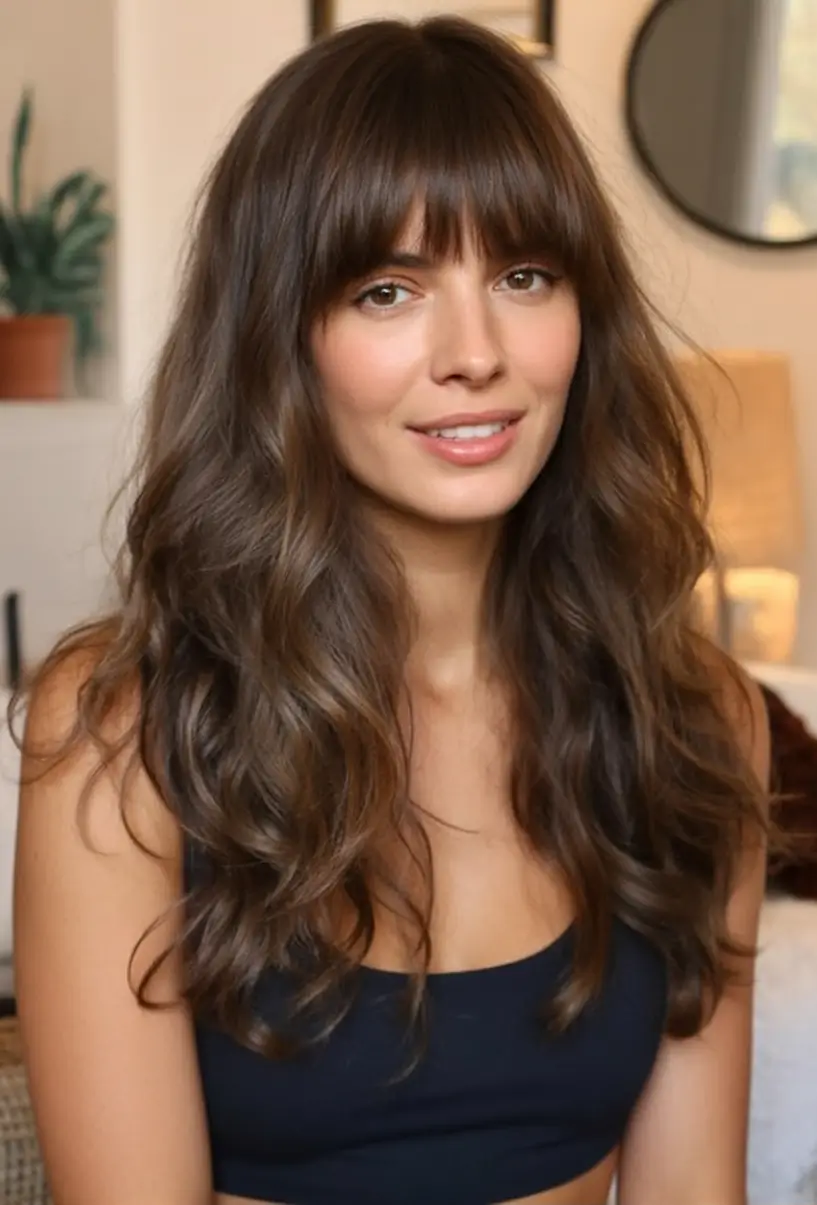 Summer 2025 Long Haircuts: Elegant & Flowing Ideas Chocolate Waves with Full Bangs