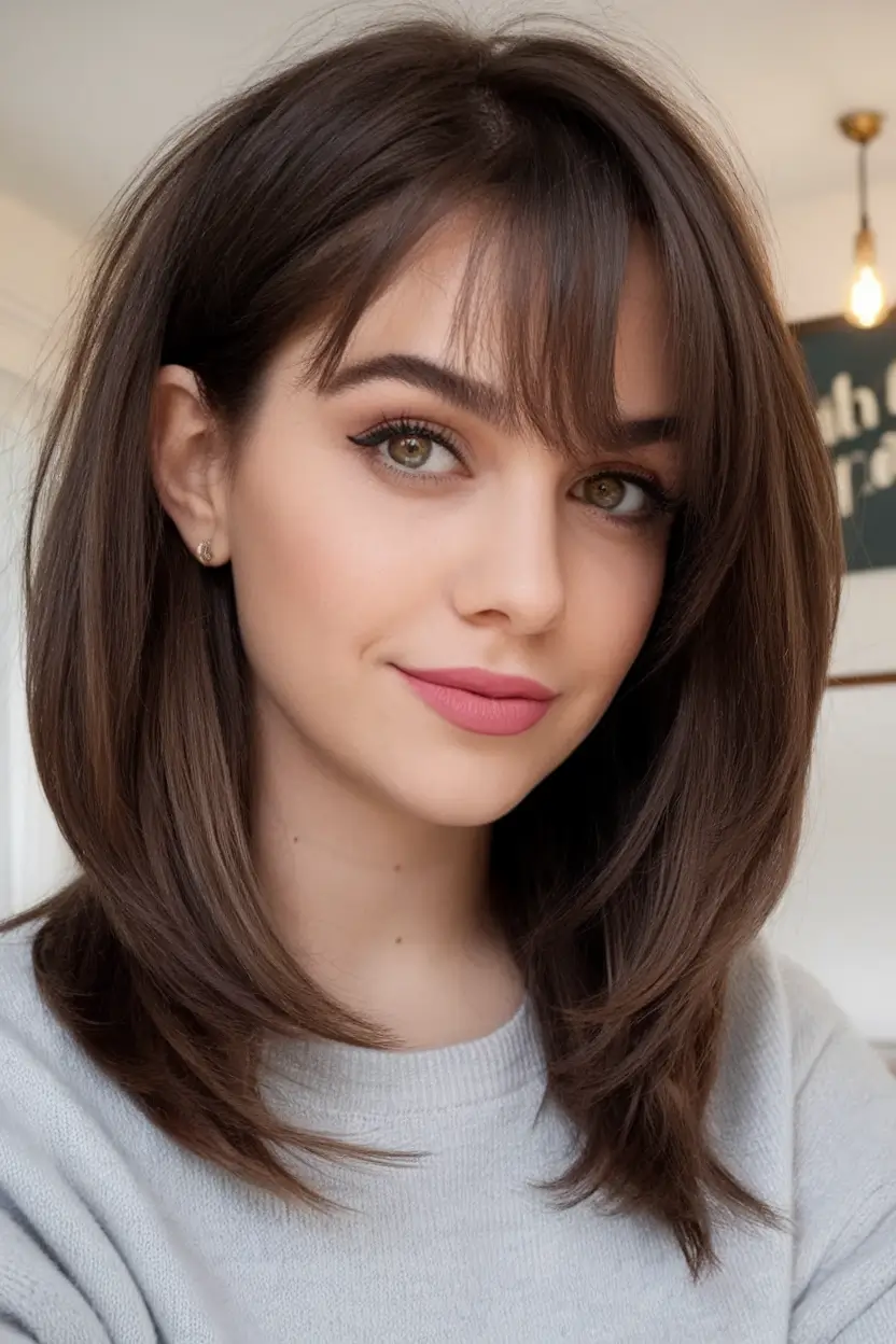 summer bob hairstyles 2025 Soft Brunette Bob with Flirty Bangs