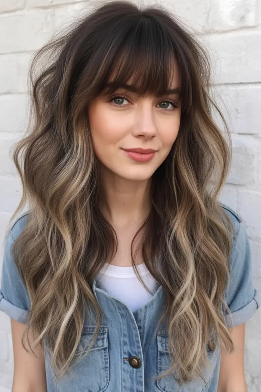 Sun-Kissed Highlight Ideas for Brunettes - Summer 2025! Choco-Beige Waves with Feathered Bangs